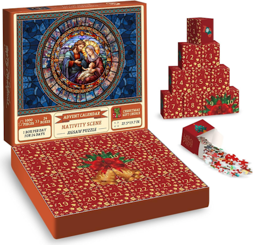 Julkrubbe Adventskalender 2024 Julpussel 1008 Biter for Voksne, Glasmalt Jesuspussel Julnedtellingkalender