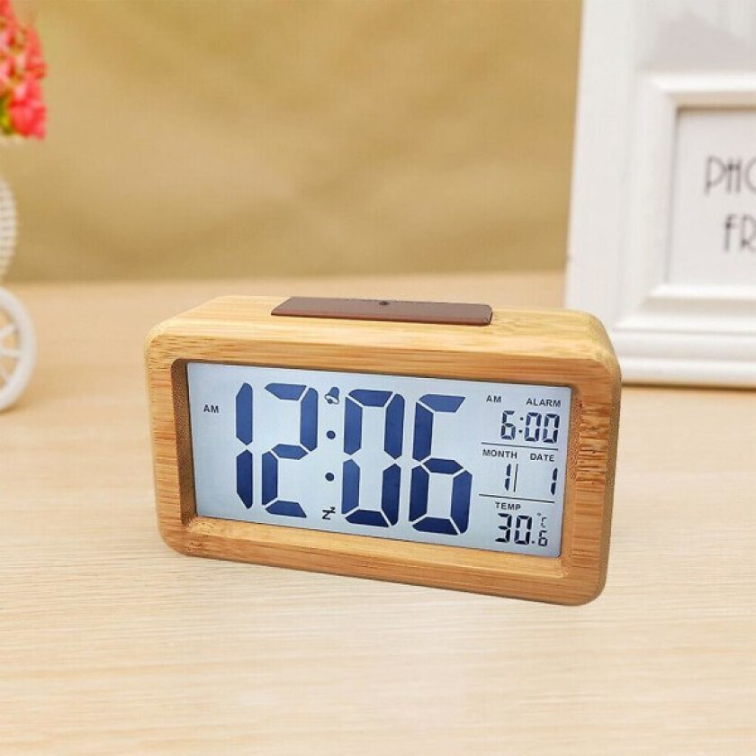 LED Digital Vekkerklokke i Tre, Liten Bordklokke med Dato og Temperatur
