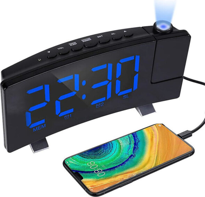 Digital vekkerklokke, projeksjonsvekkerklokker for soverom med 4 dimmer, USB telefonlader, 180 roterbar projektor