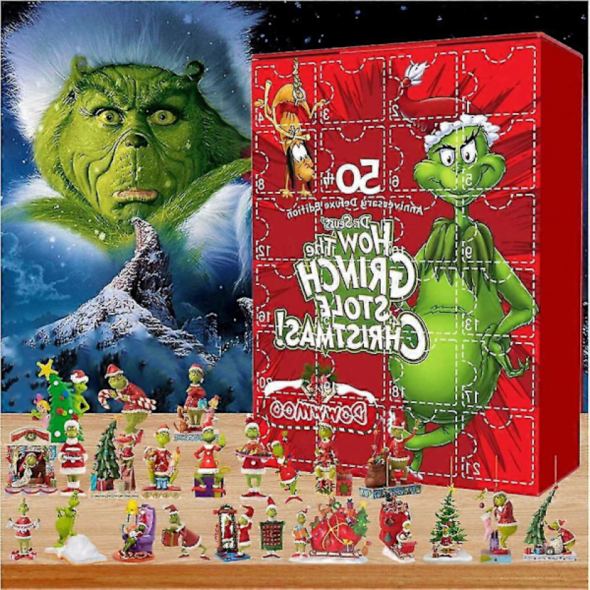 Julekalender med Grinch 2024, 24 Dagers Julekalender, 24 Søte Tegneserie-Nissefigurer Dukke Jule Nedtelling Kalender For Barn