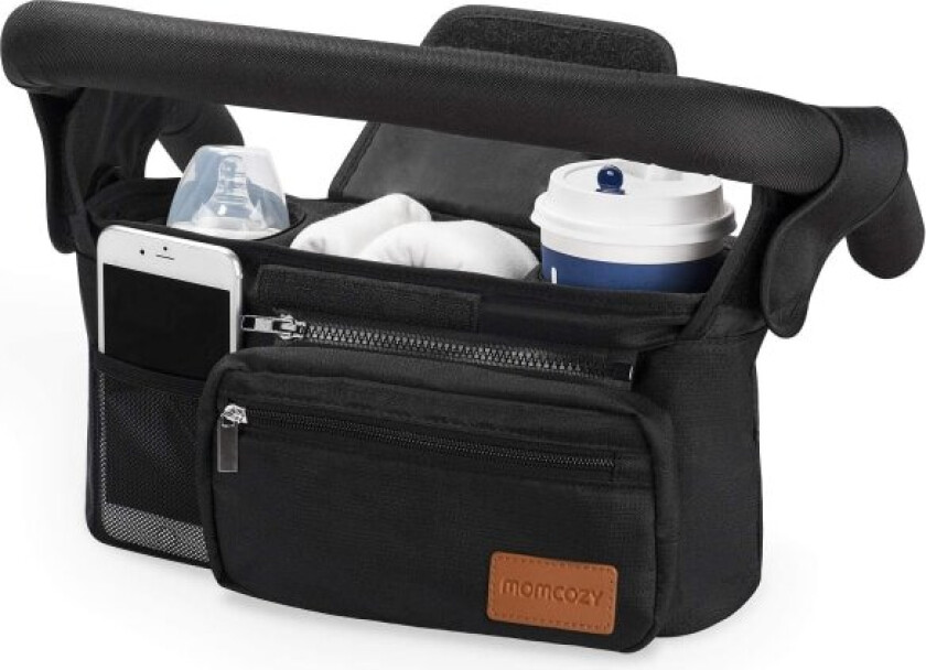 Bilde av Universal barnevognorganizer med isolert drikkeholder, barnevognveske med glidelåslomme, skulderstropp og oppbevaringsplass, svart