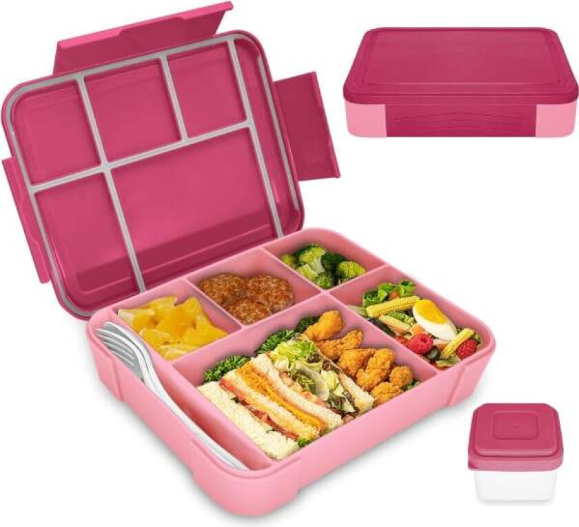 Bento Lunsjboks Barn, Bento Lunsjboks Voksne med 5 Rom og 1 Salatdressingbeholdere, Matboks for Barn og Voksne Arbeidsskole