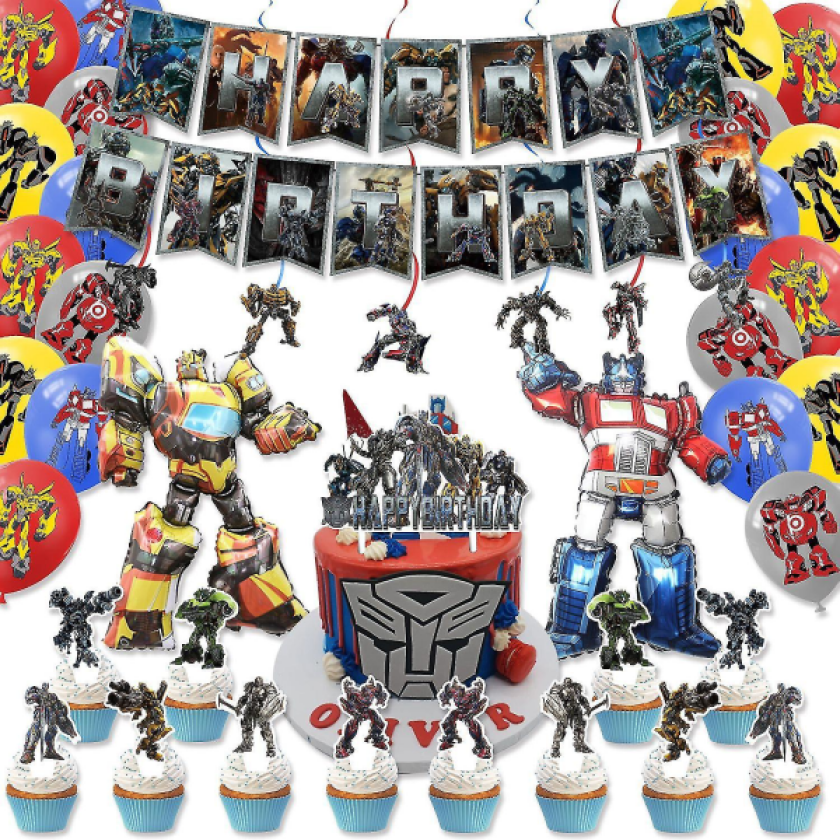 Transformers-tema Happy Birthday ballongsett latexballonger med flagg og kaketopper for festdekorasjon