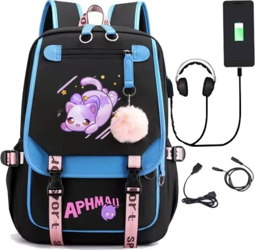 Aphmau ryggsekk barn ryggsekker ryggsekk med USB-uttak 1 stk blå 2 blå 2