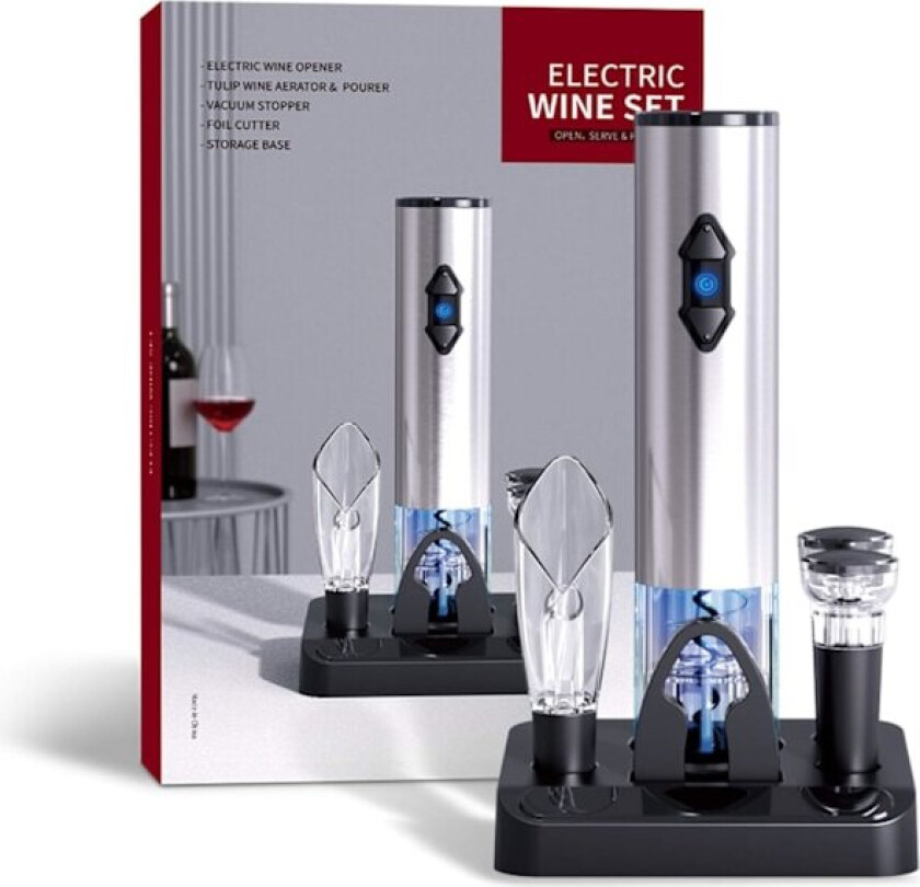 Elektrisk vinåpner, med base, automatisk korketrekkersett inkludert vakuumkorker, 4-i-1