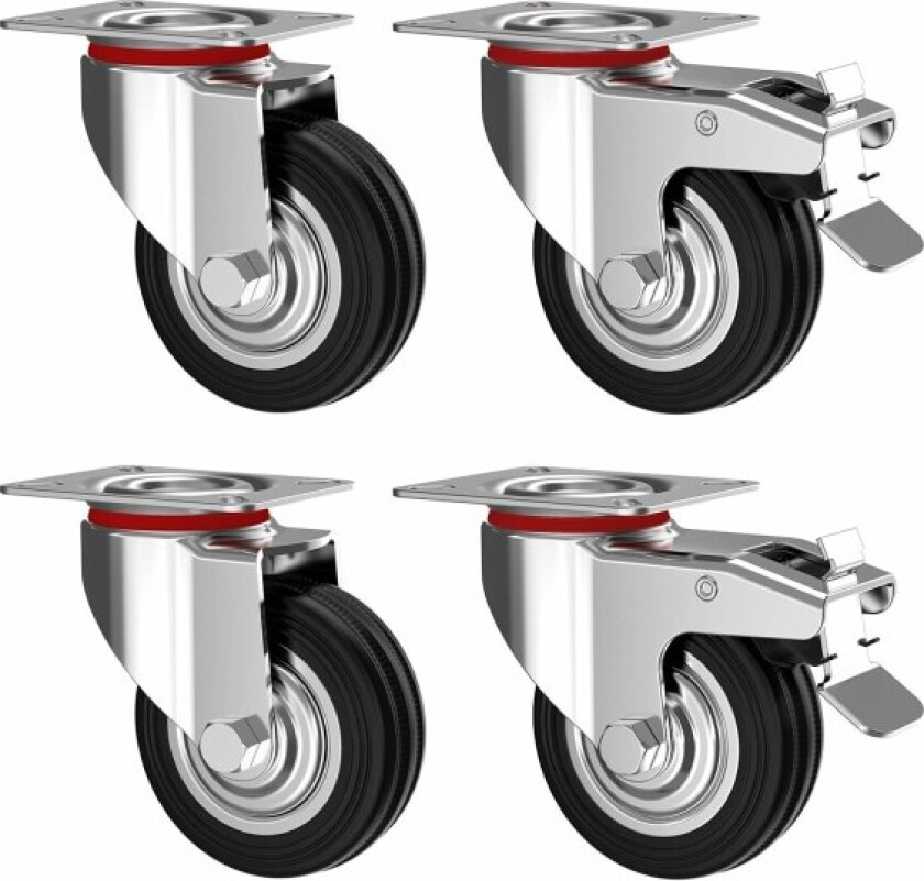 Sett med 4 svingbare hjul 100 mm med brems - Møbelhjul opptil 70 kg per hjul - Tung belastning - Gummi for innendørs og utendørs bruk