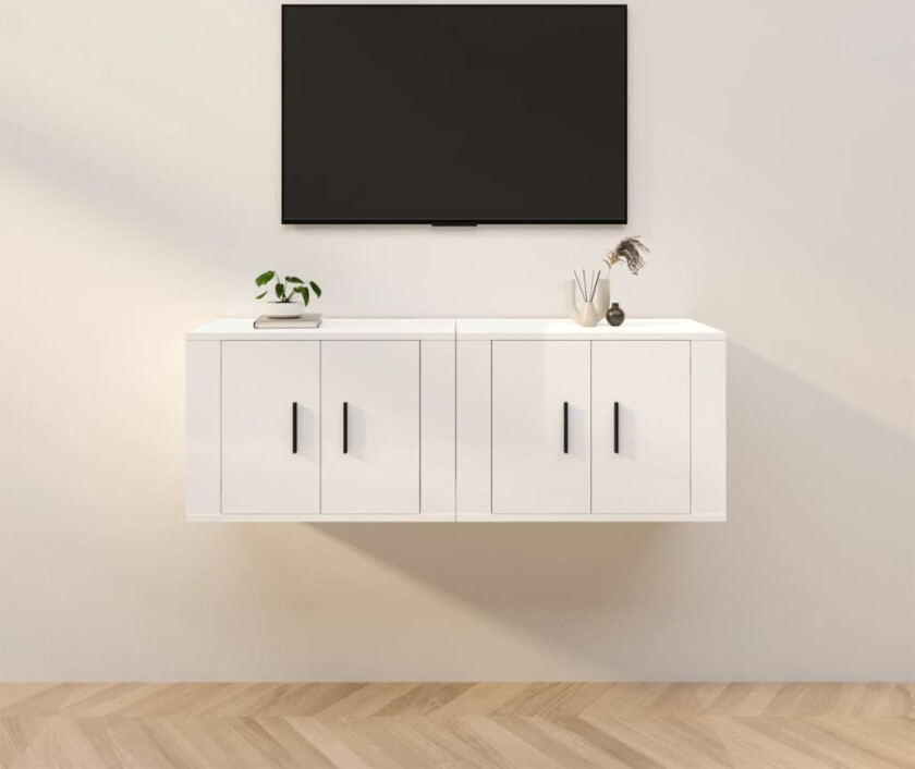 Vegghengte TV-benker 2 stk høyglans hvit 57x34,5x40 cm