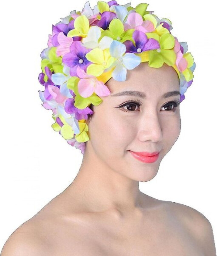 Vintage Blomsterbademøsse Retro Badehette Badehetter for Kvinner, Langt Hår med Blomster for Damer (Flerfarget) Multicolor