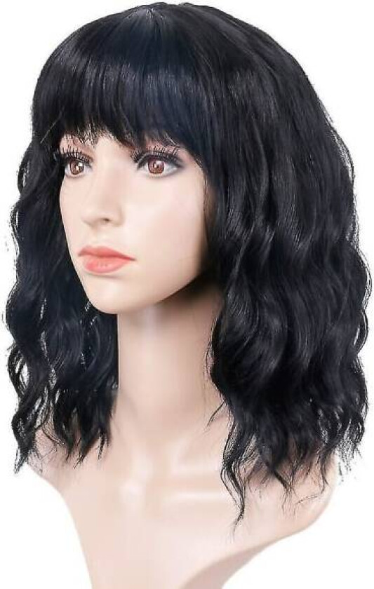 Bølget parykk med lugg, kort svart parykk for kvinner Curly Wave syntetisk cosplay jente fargerik parykk (svart)