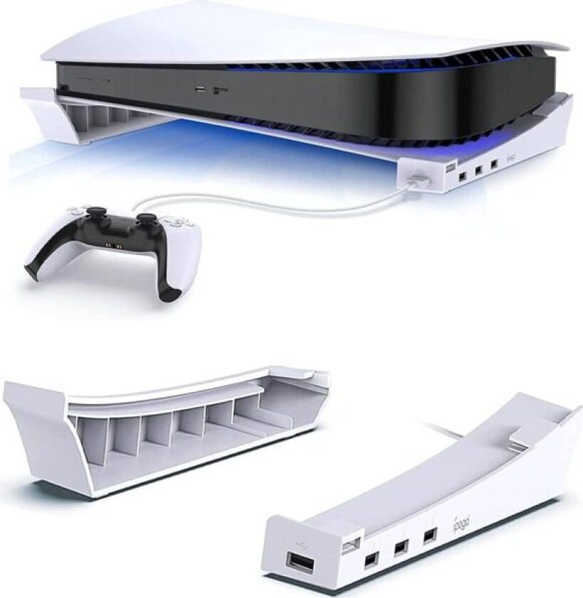 Horisontal stativ for PS5, PS5 tilbehørsbasestativ med 4 USB