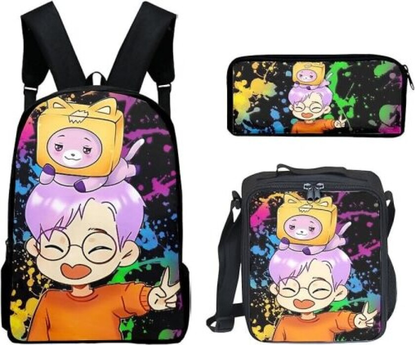 Lankybox Tegneserie Anime Lunsjpose Skulderpose Ryggsekk i tre sett