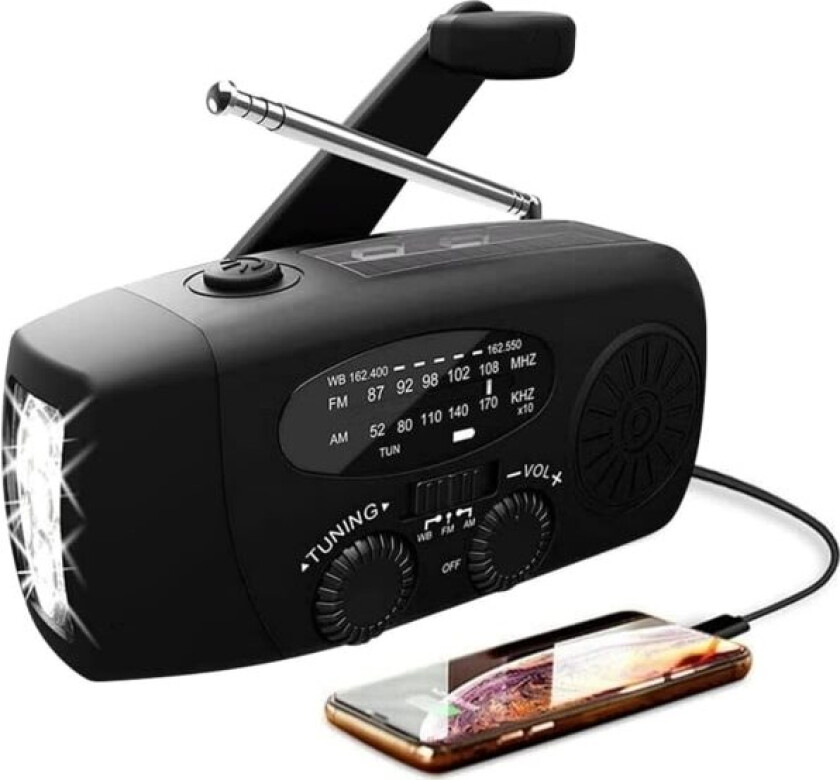 Vevradio med solceller og lommelykt - 2000mAh Powerbank - Svart