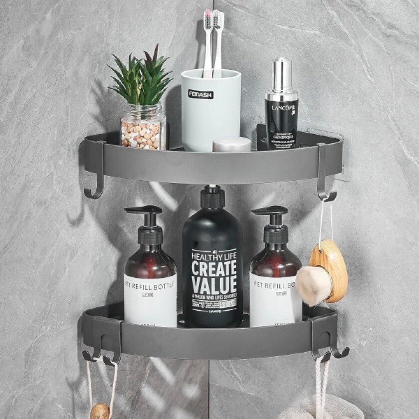 Hjørnehylle for baderom, grå, selvklebende dusjhylle, arrangør, romaluminium, veggmontert baderomshyller, ingen boring med kroker for våtrom - 2-pakning Gray