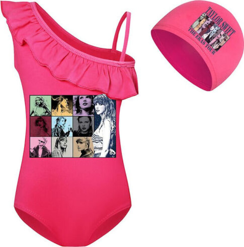 Barn Taylor Swift Ruffle Badetøy Jenter En Del Badedrakt Svømmedrakt Med Badehette Rose Red 9-10 Years