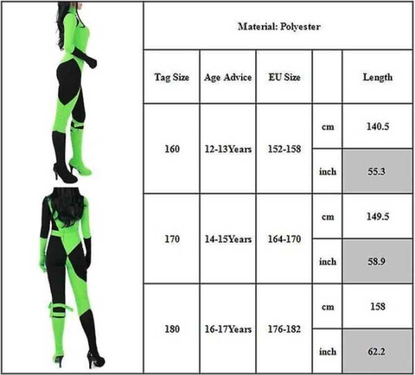 Kim Possible Shego Bodysuit Kostyme Barn Tenåringer Jenter Superskurk Cosplay Jumpsuit Halloween Festdrakt Z 14-15 Years