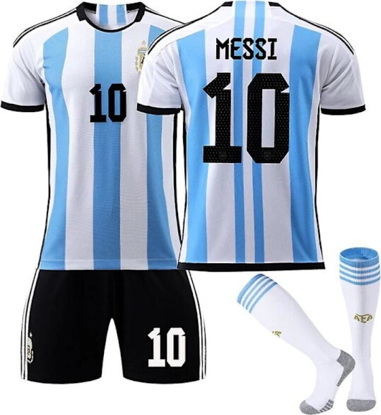 Argentina VM Hjemmedrakt for Herrer Messi #10 Fotballtrøye T-skjorte Shorts Sett Fotball 3-delt Sett for Barn Voksne Kids 24(130-140cm)