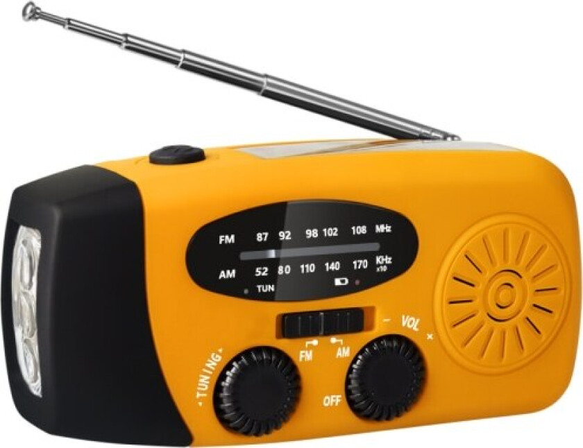 Mng Nødlader med solcelle, håndsveiv, AM/FM, dynamo, værradio, LED-lommelykt