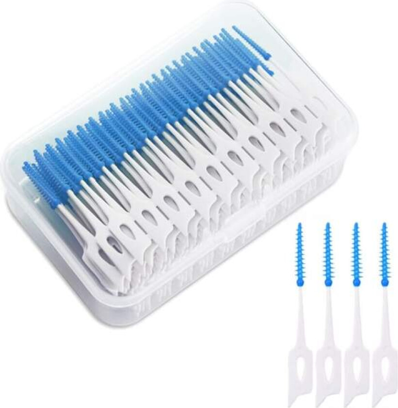 200 stk (blå) Interdentalbørster i silikon med dobbeltsidig tilpasning, tannpirker med dobbel funksjon, tanntråd, interdentalbørste, munnhygiene for tenner