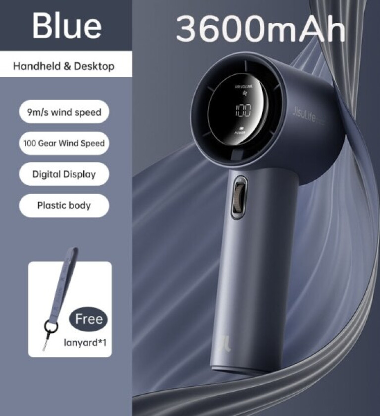 JISULIFE bærbar håndvifte, 100 vindhastigheter, mini håndholdt vifte uten blader, oppladbar personlig USB 3600mAh Blue
