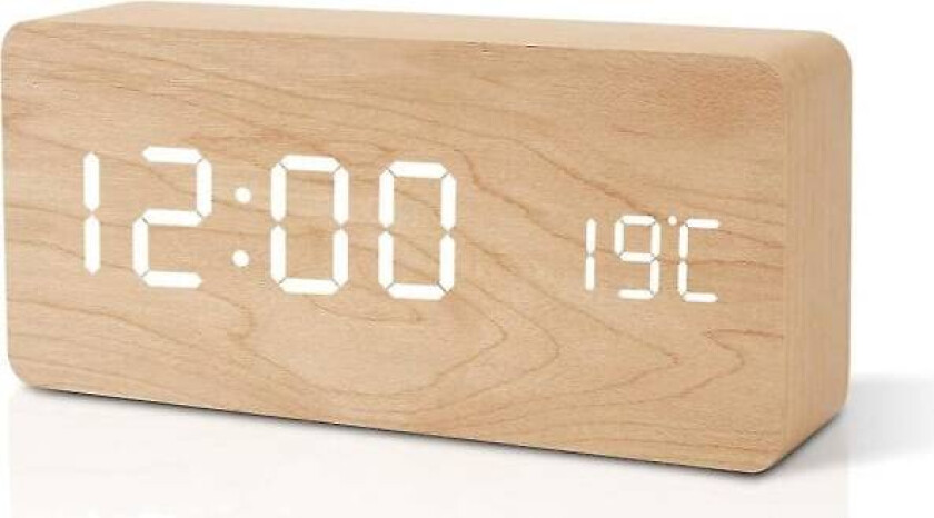 Trefjøs vekkerklokke moderne LED bordklokke digital vekkerklokke stemmeberøringsskjerm tid/dato/temperatur for hjem soverom kontor brun oransje