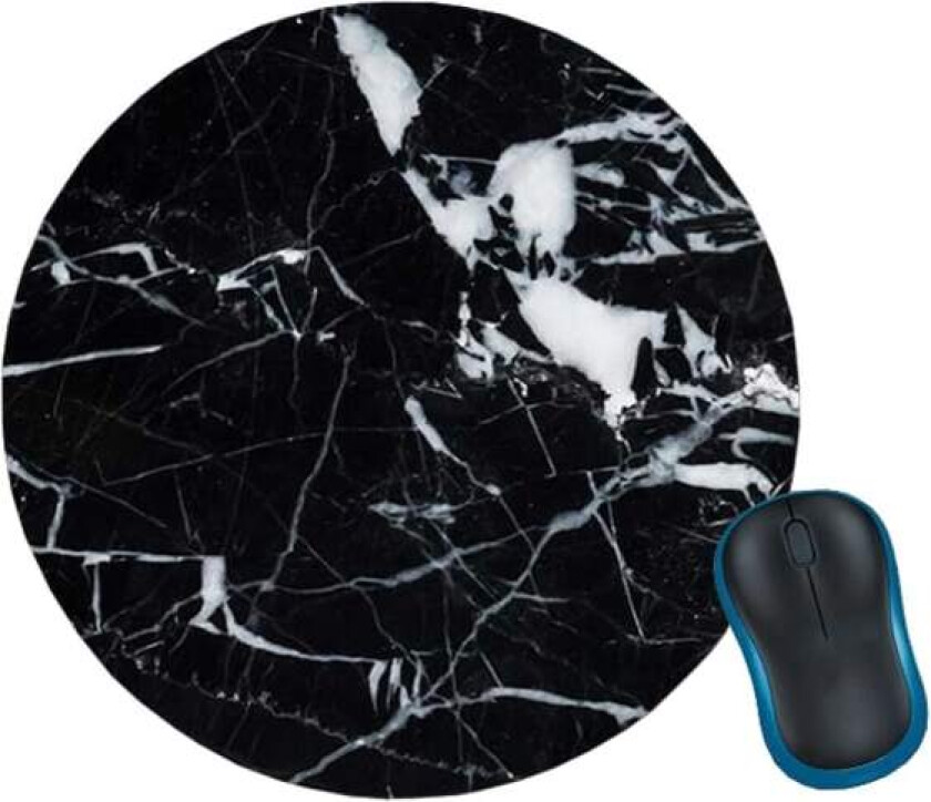 Myk rund musematte med trykk svart marmor 20cm svart