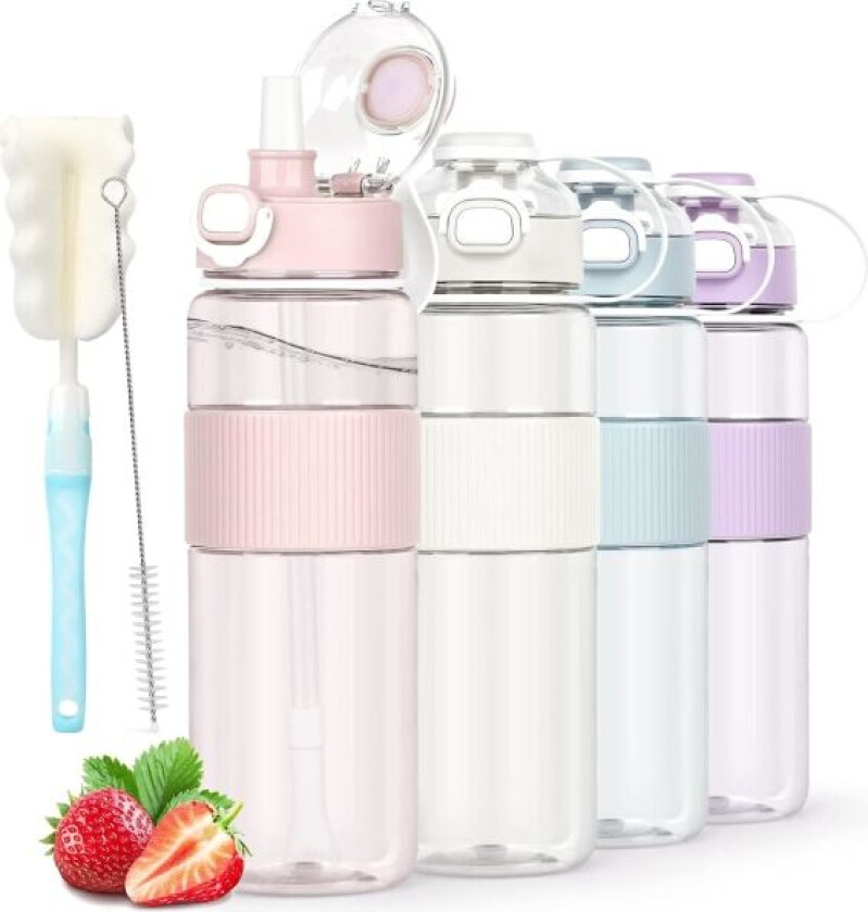 Drikkeflaske med sugerør, 1l med flaskebørste og klistremerke, lekkasjesikker drikkeflaske, BPA-fri gjennomsiktig vannflaske Pink
