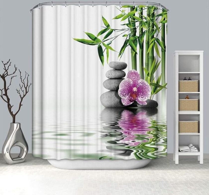 120 x 180 CM - Hvit dusjforheng med krok blomst rosa bambus S