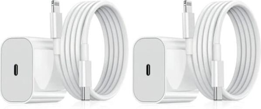20W hurtiglader for iPhone med 2 meter datakabel + ladekabelhode Hvit 20W-2 stk todelt sett