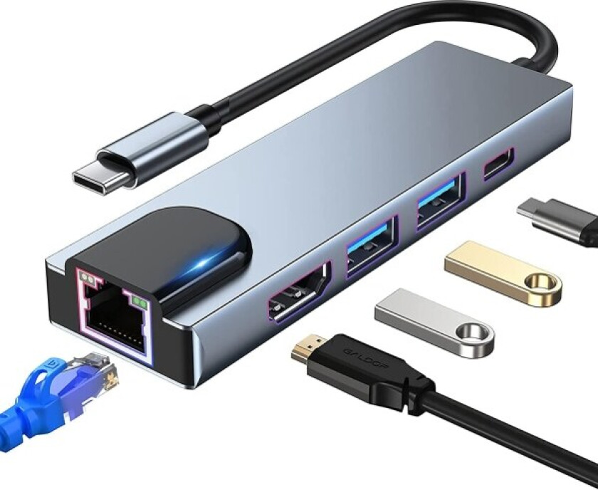 USB-C Hub Multiport Adapter, 5-i-1 USB-C Dockingstasjon med 4K HDMI