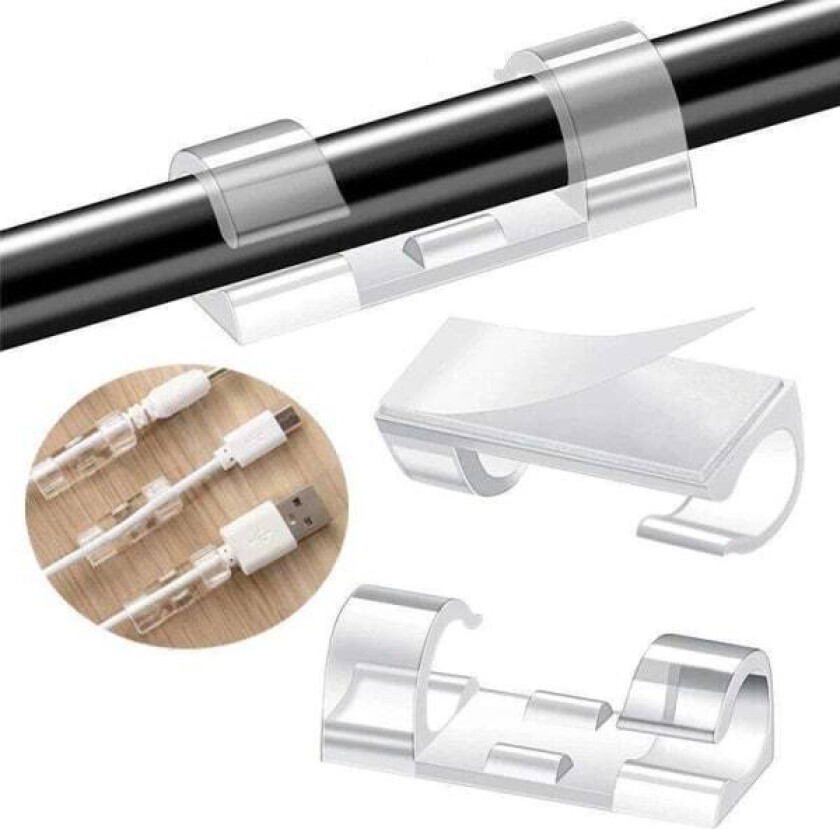 Kabelholder - Selvklebende - 20-pakning - Kabelklips - Transparent