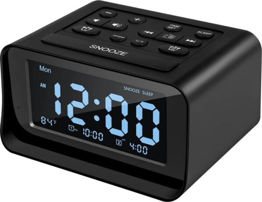 Klokkeradio med dobbel alarm, digital vekkerklokke med 2 USB-ladeporter, 0-100 % dimbar, justerbart volum, innendørstermometer(svart)