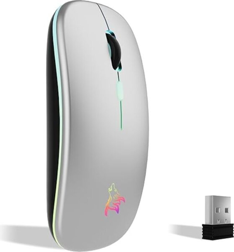 Oppladbar trådløs mus, 7-farget bakgrunnsbelyst mus med mini 2,4 GHz USB-mottaker, spillmus