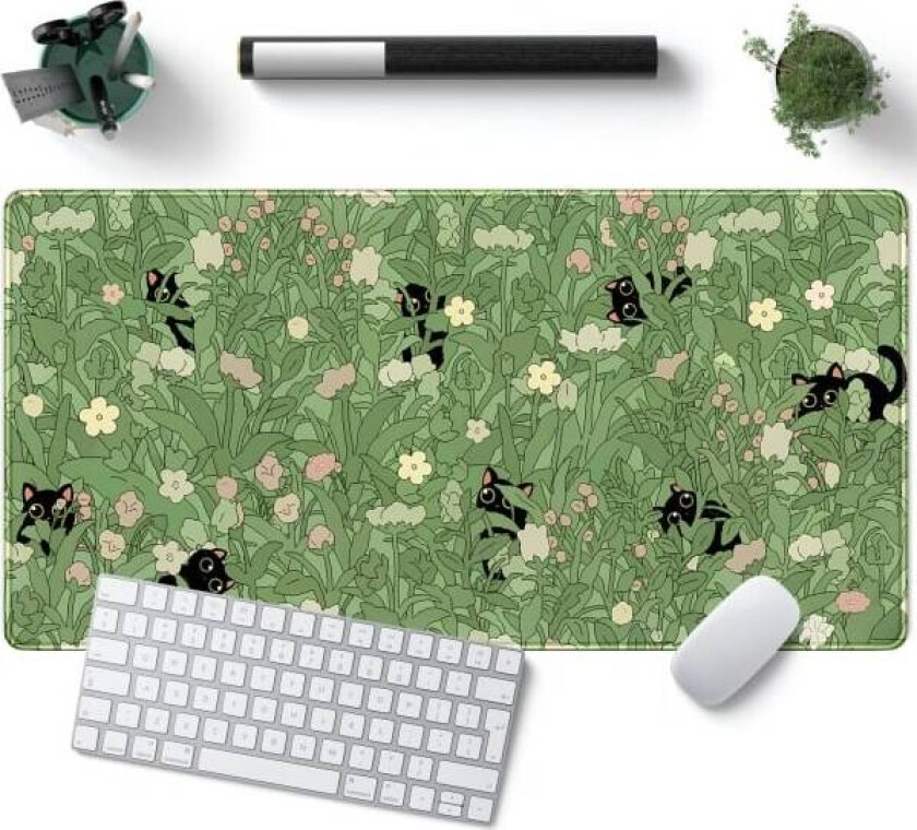 Grønn skrivebordsmatte XL søt katt plante kul skrivebordsmatte tastaturmatte Kawaii svart katt blomst musematte grønn skrivebordsmatte skrivebordsdekor med sting 31,5x15,7 tommer
