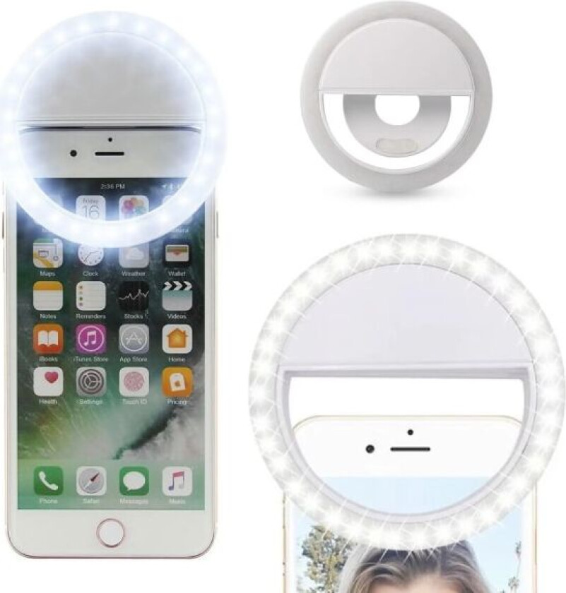Clip-on selfie-lampe for smarttelefon LED ringlys hvit