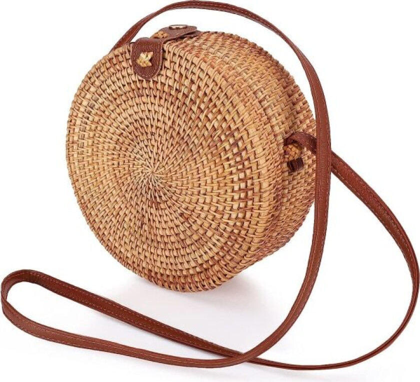 Sirkel Rattanveske, Bohemsk Rattanveske Håndlaget Rund Vevd Veske for Kvinner Sommer Strandveske Klassisk Rattan Skuldertaske Chic Halmveske
