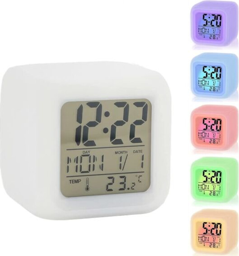 LED Vekkerklokke Sengeside 7 Farger Display Digital Klokke Barn Vekkerklokke med Snooze Funksjon Nattlys Temperatur Tid Dato