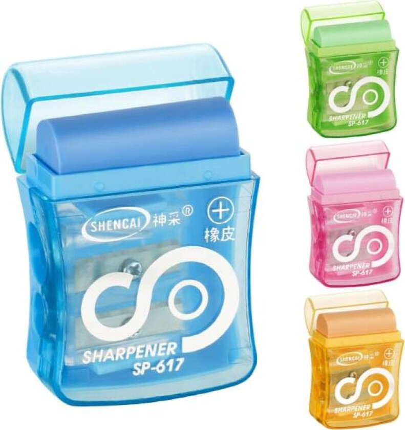 Blyantspisser, 4 stk. dobbelthulls blyantspisser med beholder, manuelle blyantspissere og viskelær med lokk for barn og voksne (tilfeldig farge)