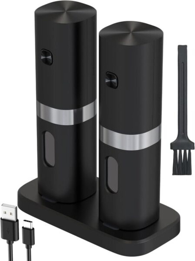 IC Elektriske salt- og pepperkvernsett, oppladbare pepperkvern med ladestasjon, liten børste, LED-lys, justerbar grovhet (svart-oppladbare)