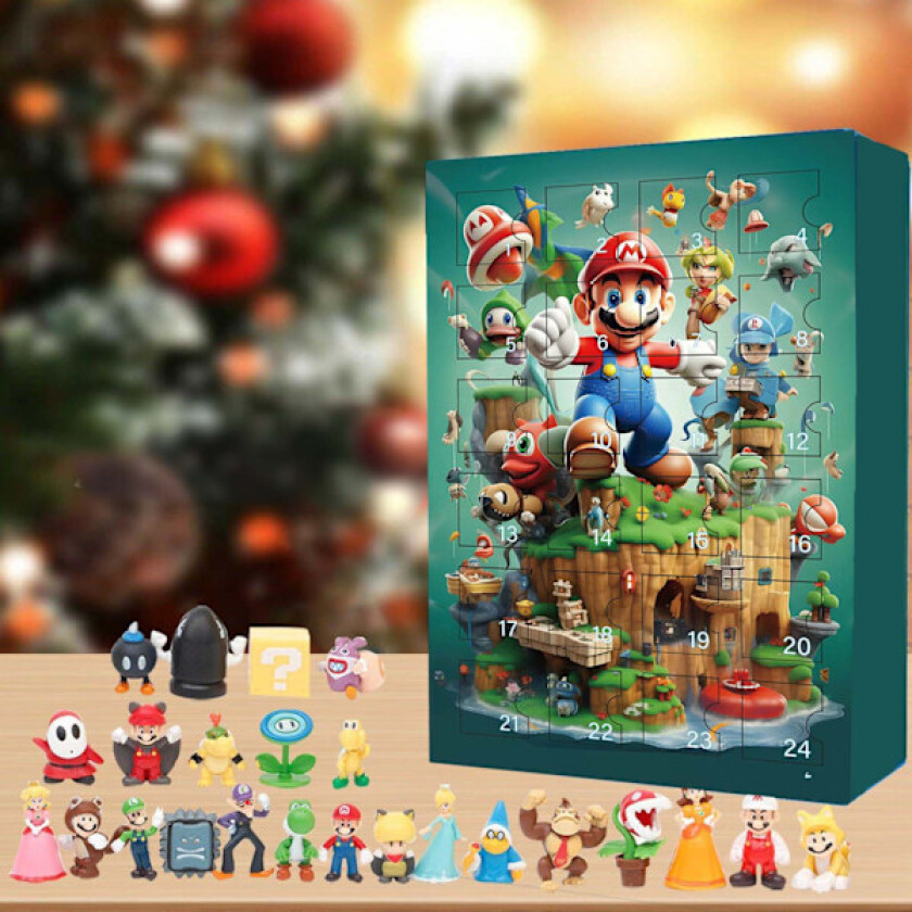 Julekalender 2024 med 24 figurer - Mario Jul 24-dagers nedtelling kalender Blind Box Julegaver til barn og voksne B