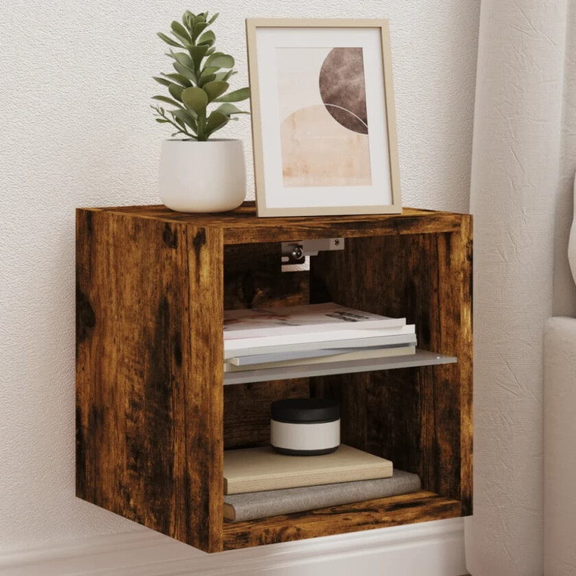 Vegghengt TV-benk med LED 2 stk røkt eik 30x28,5x30 cm