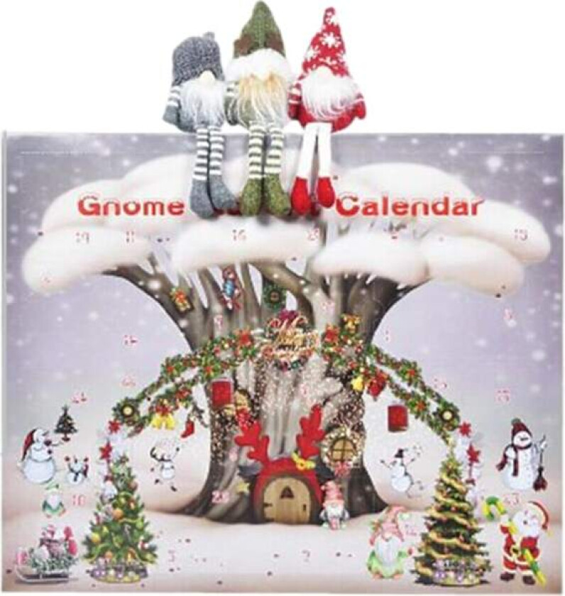 Julekalender med nisse 2024, 24-dagers julekalender, julepyntegjenstand med plysjleker, nedtellingskalender til jul