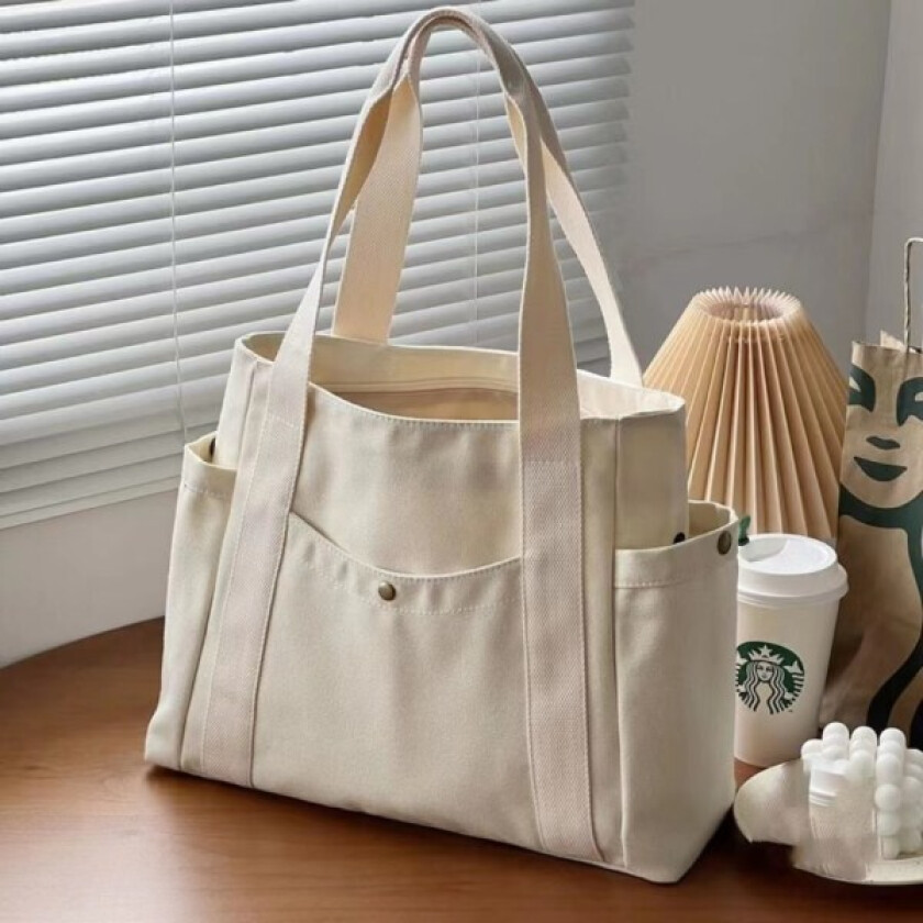 Stor Canvas Tote Bag for Arbeid, Pendling, College-Stil, Studentantrekk, Bok, Skulderbag White