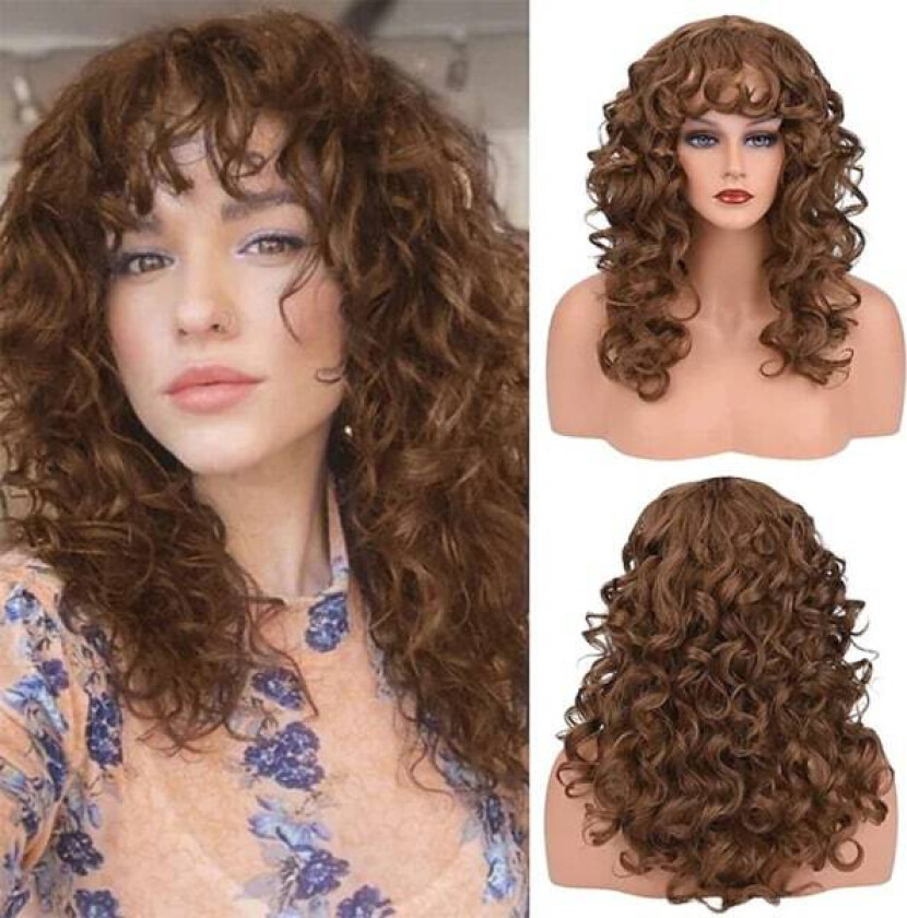 TG Dam Brun Lang Afro Krøllete Parykk Naturlig Hårstykke med Lugg