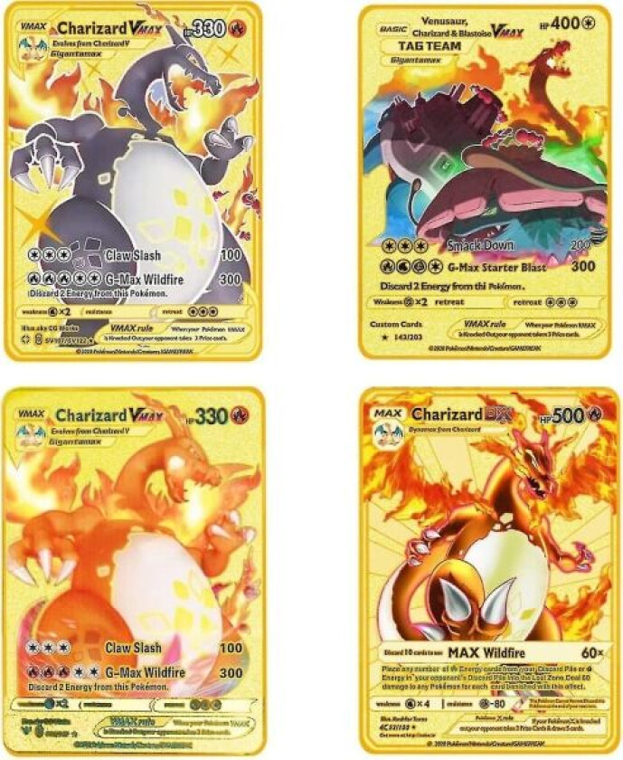 Charizard Vmax Metallkort - 4 stk. Ultra Sjeldne Kort Metallkort V-kort/vmax/ex/dx Samlekort - Gaven til Samlere