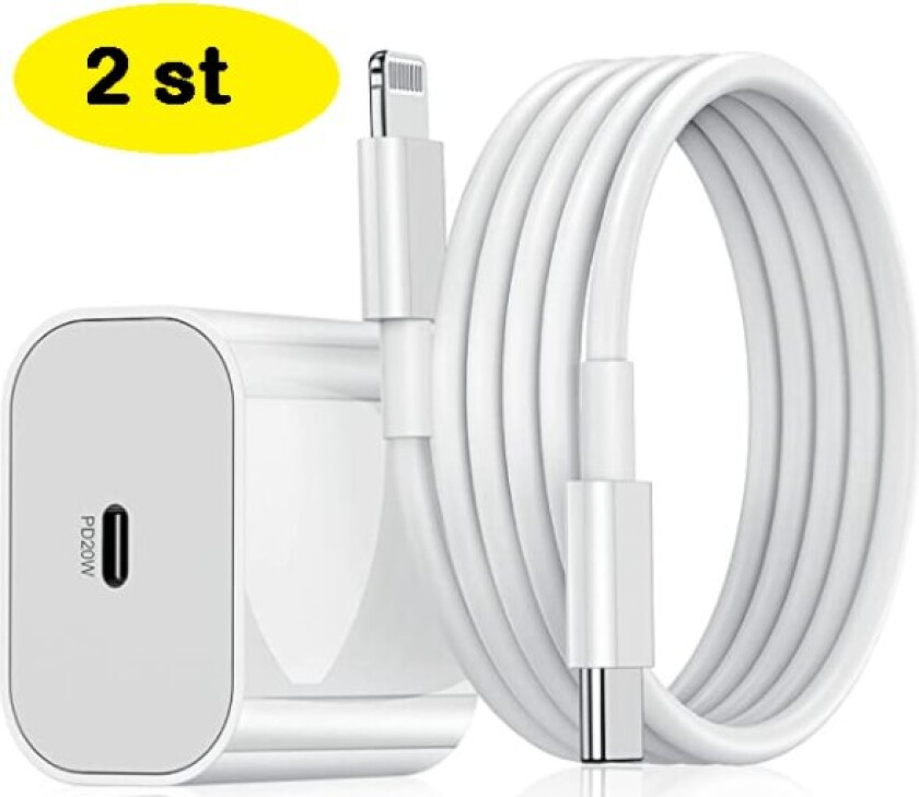 2 stk iPhone hurtiglader USB-C strømadapter 20W + Kabel Hvit