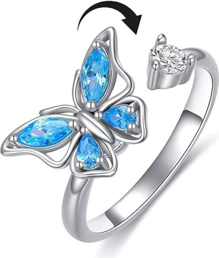 Blå Cubic Zirconia Butterfly Spinner Fidget Ring for Kvinner og Jenter - Angst, Rotasjon, Inspirasjon, Smykker, Meditasjon