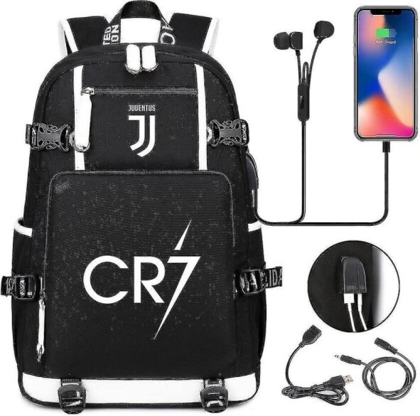 2022 C Ronaldo 7 Ryggsekk Juventus Champions League Skulderryggsekk Fotballryggsekk USB Oppladbar Multifunksjonell Veske Zz (FMY)