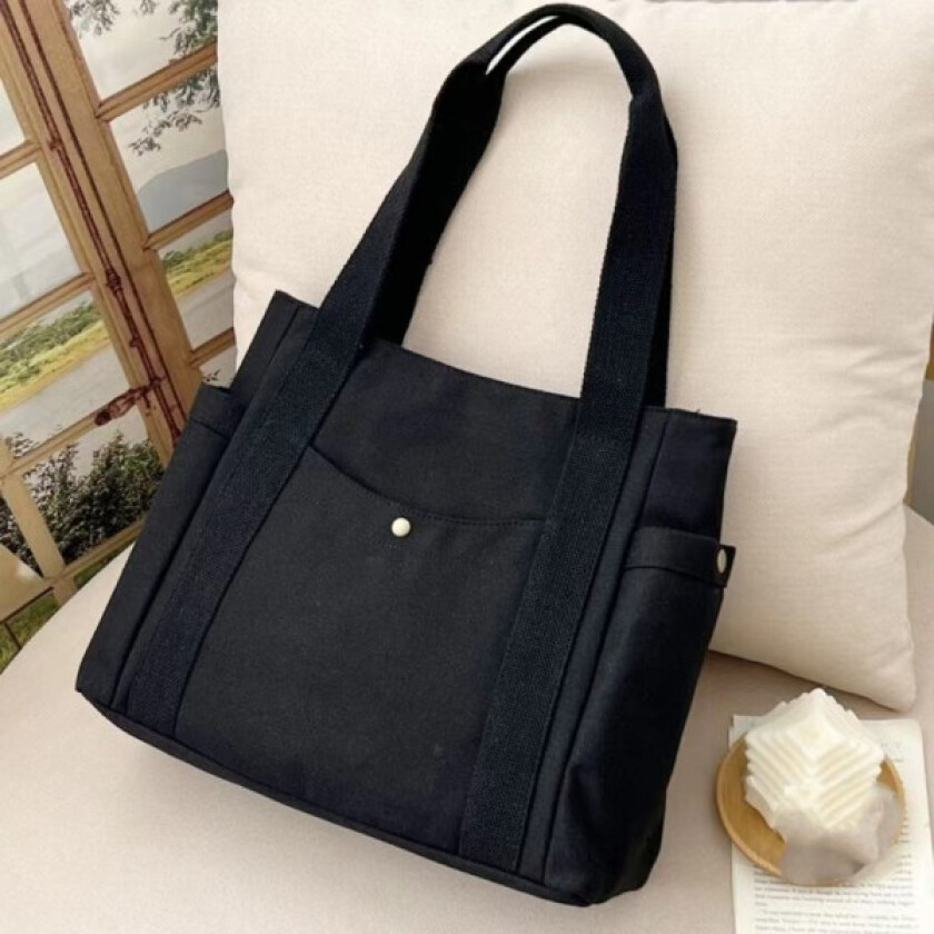 Stor Canvas Tote Bag for Arbeid, Pendling, College-Stil, Studentantrekk, Bok, Skulderbag Black