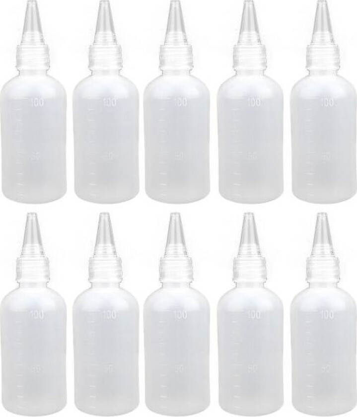 10 stk plastflasker, 100 ml små klemflasker, doseringsflasker, plastflasker, klemflasker med dråpeteller, tomme reiseflasker