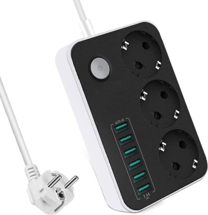 IC Power med 6 USB-uttak, kabel med overspenningsvern